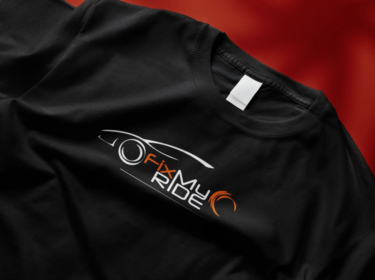 FixMyRide logo printed on a black t shirt