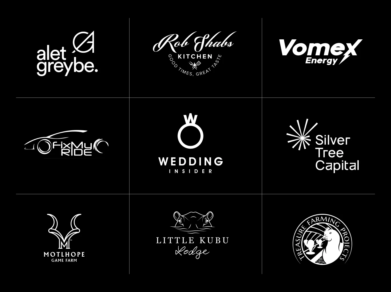 A 3×3 grid showcasing nine black-and-white logo designs created by The Logo Expert for different South African brands. The collection includes a mix of modern wordmarks, monograms, emblems, and illustrated logos across industries such as food, energy, automotive, weddings, finance, hospitality, wildlife, and agriculture, all displayed on a black background with clean dividing lines.