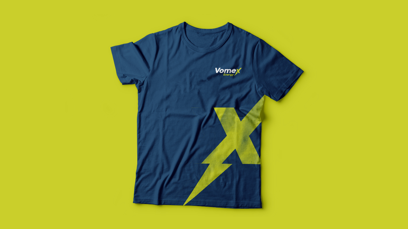 T shirt branded with vomex energy logo